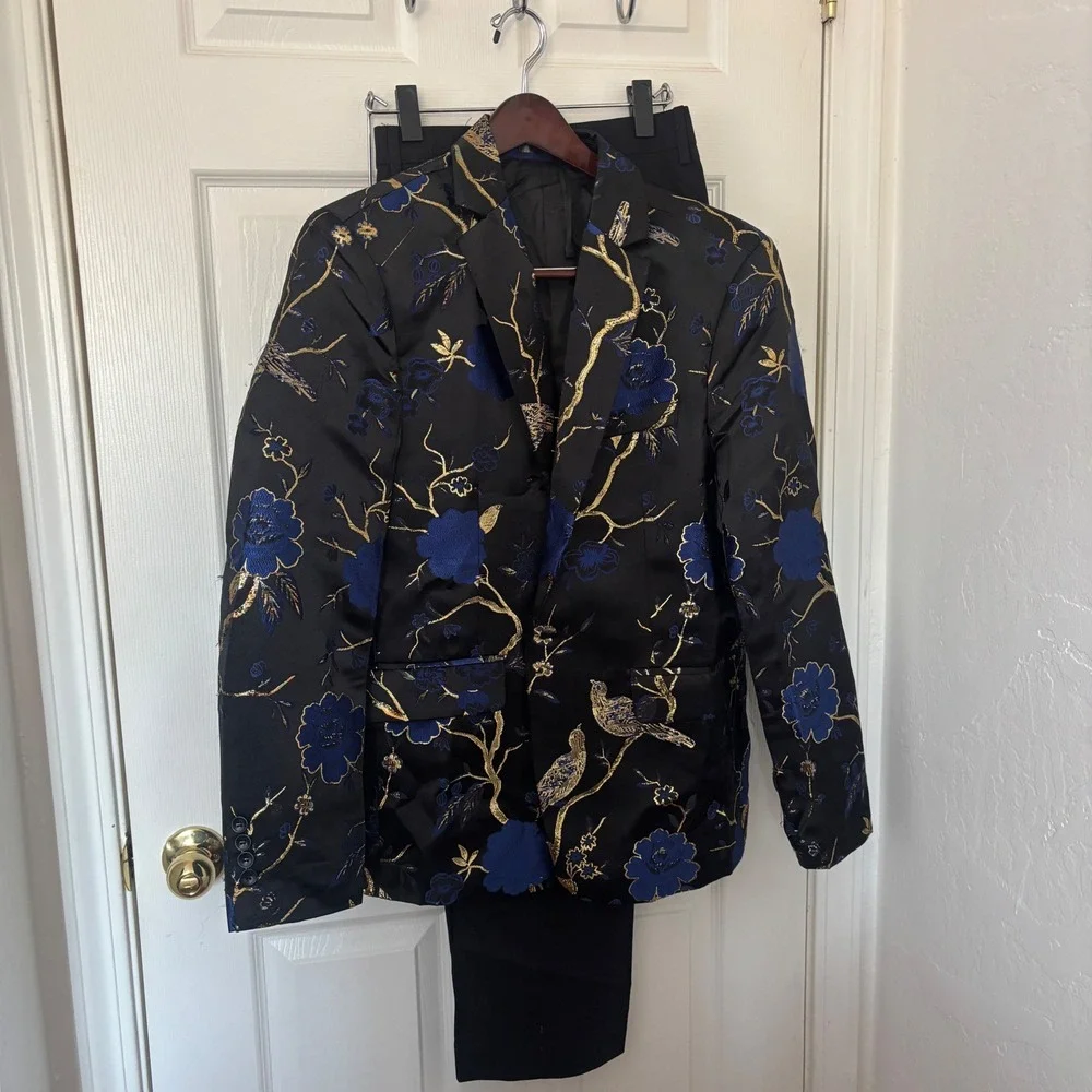 Cloudstyle Mens 2 Piece Floral Dress Suit Blue Gold Tuxedo Jacket Pants Medium